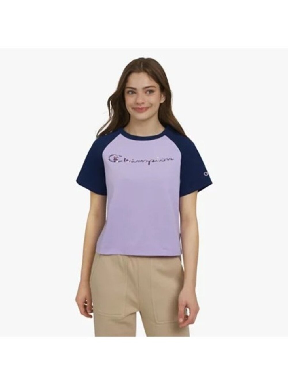 Champion Girls Cropped Raglan T Shirt Lavender Navy Floral Logo M 10 12